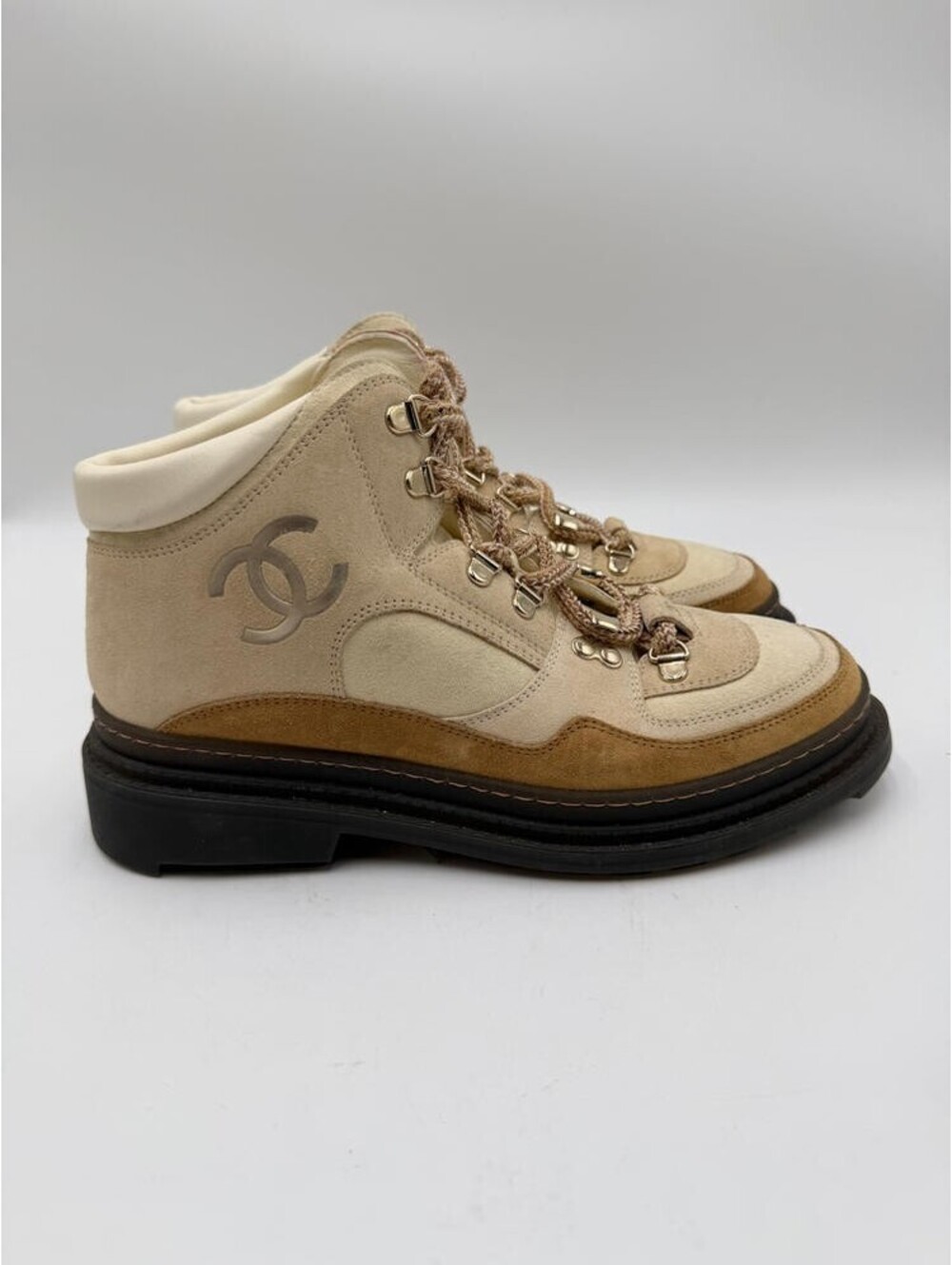 Women’s Chanel 2023 Interlocking CC Logo Hiking Boots Beige Size 37.5